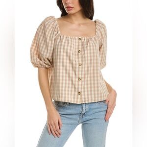 FAHERTY Cali Check Puff Sleeve Cotton Top in Cream Tan Gingham Plaid Size S